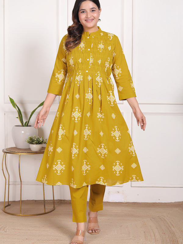Mustard Yellow Geometric Print Cotton A-Line Kurta Set with Dupatta
