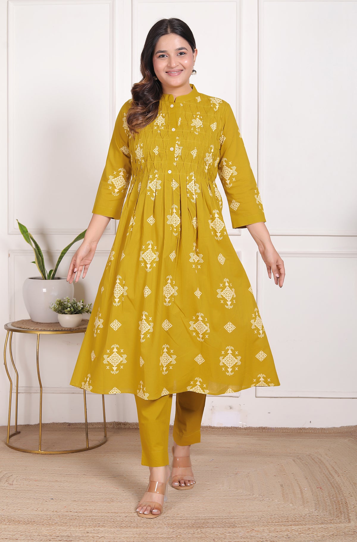 Geometric Print Cotton A-Line Kurta Set with Dupatta
