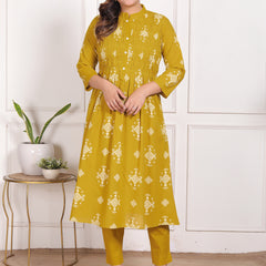 Mustard Yellow Geometric Print Cotton A-Line Kurta Set with Dupatta