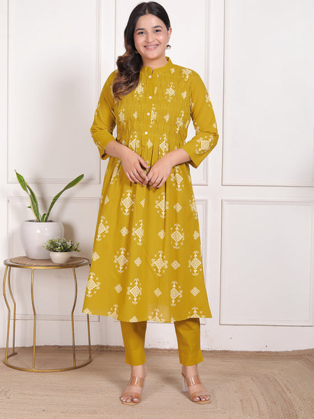 Mustard Yellow Geometric Print Cotton A-Line Kurta Set with Dupatta