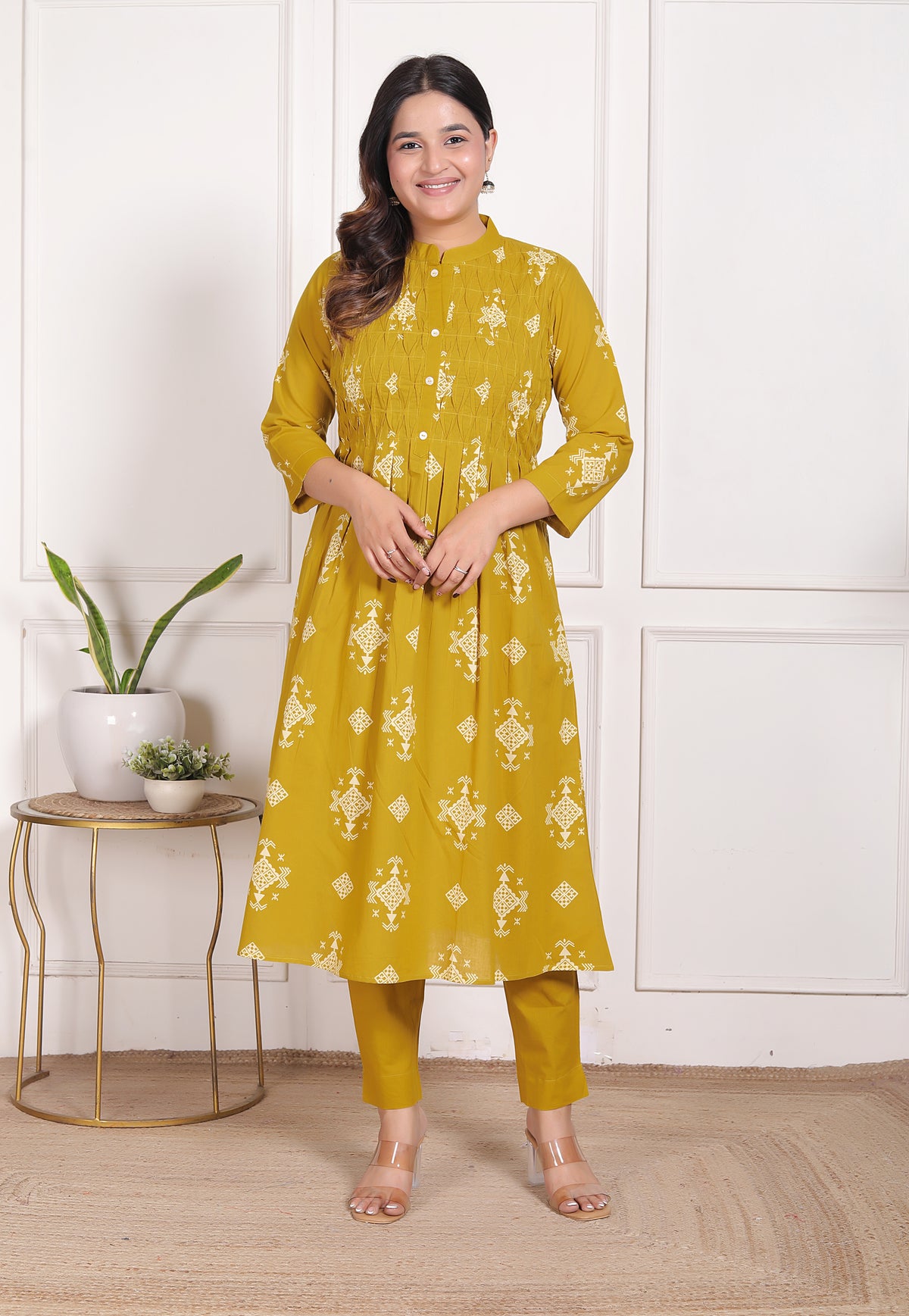 Geometric Print Cotton A-Line Kurta Set with Dupatta