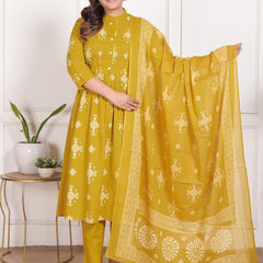 Mustard Yellow Geometric Print Cotton A-Line Kurta Set with Dupatta