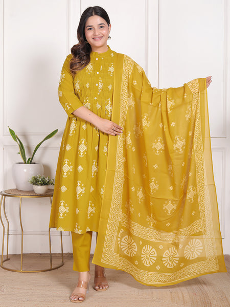 Mustard Yellow Geometric Print Cotton A-Line Kurta Set with Dupatta