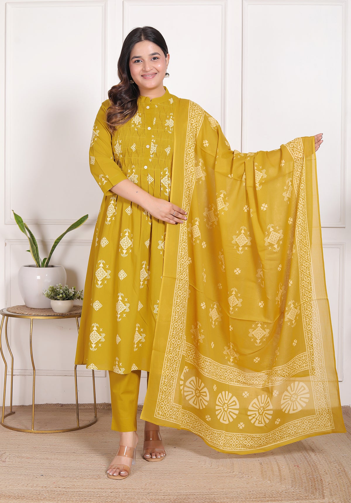 Geometric Print Cotton A-Line Kurta Set with Dupatta