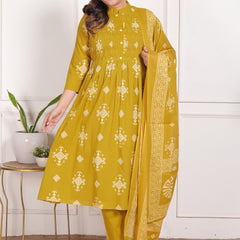 Mustard Yellow Geometric Print Cotton A-Line Kurta Set with Dupatta