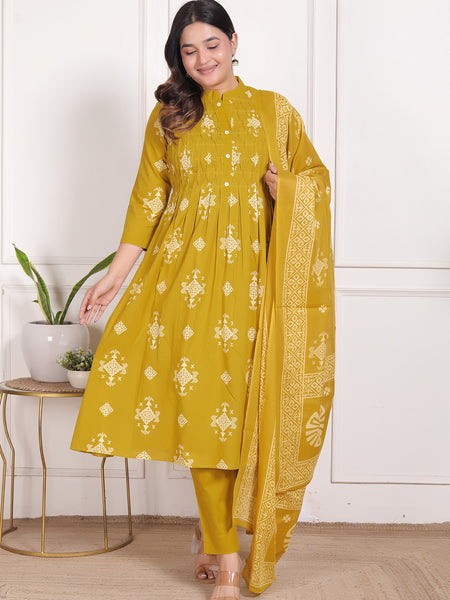 Mustard Yellow Geometric Print Cotton A-Line Kurta Set with Dupatta