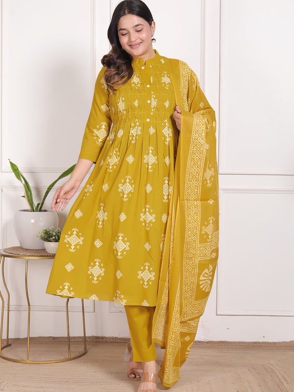 Mustard Yellow Geometric Print Cotton A-Line Kurta Set with Dupatta