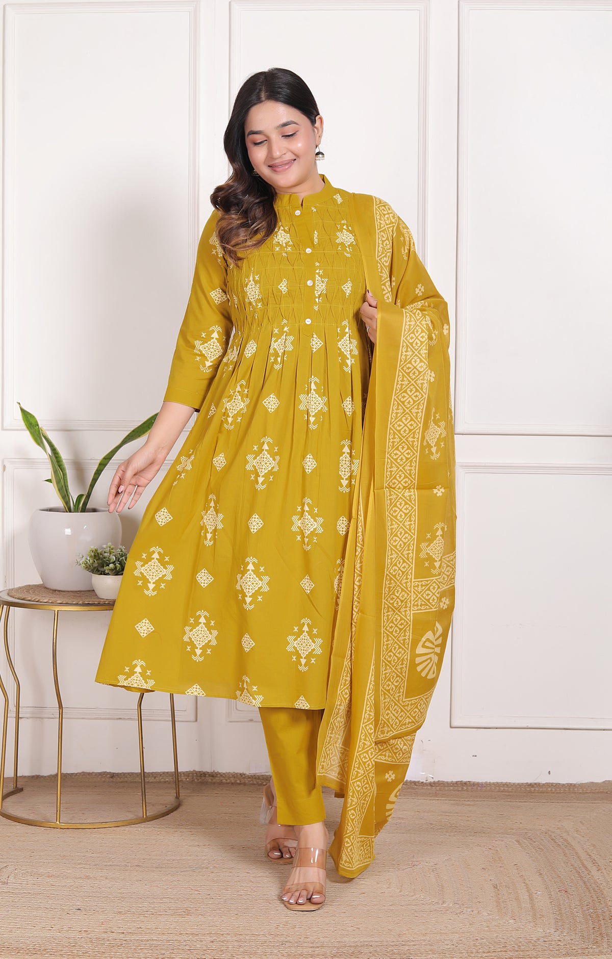 Geometric Print Cotton A-Line Kurta Set with Dupatta