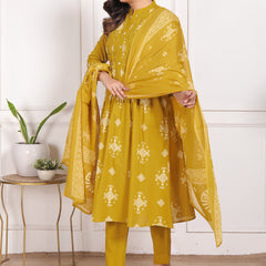 Indigo Blue Geometric Print Cotton A-Line Kurta Set with Dupatta