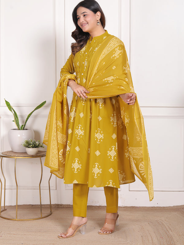 Indigo Blue Geometric Print Cotton A-Line Kurta Set with Dupatta