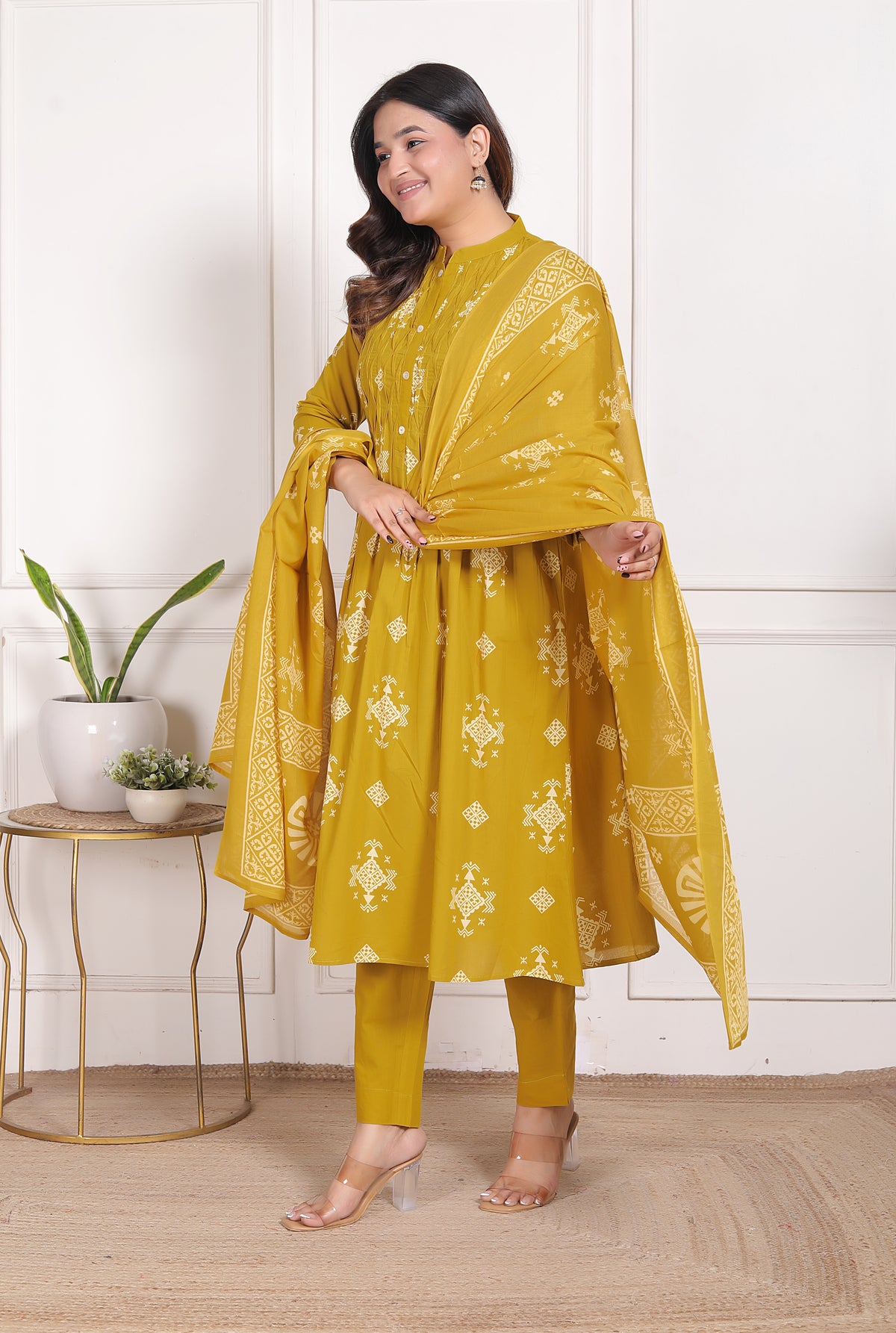 Geometric Print Cotton A-Line Kurta Set with Dupatta