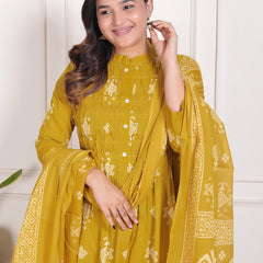 Mustard Yellow Geometric Print Cotton A-Line Kurta Set with Dupatta
