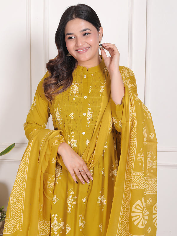 Mustard Yellow Geometric Print Cotton A-Line Kurta Set with Dupatta