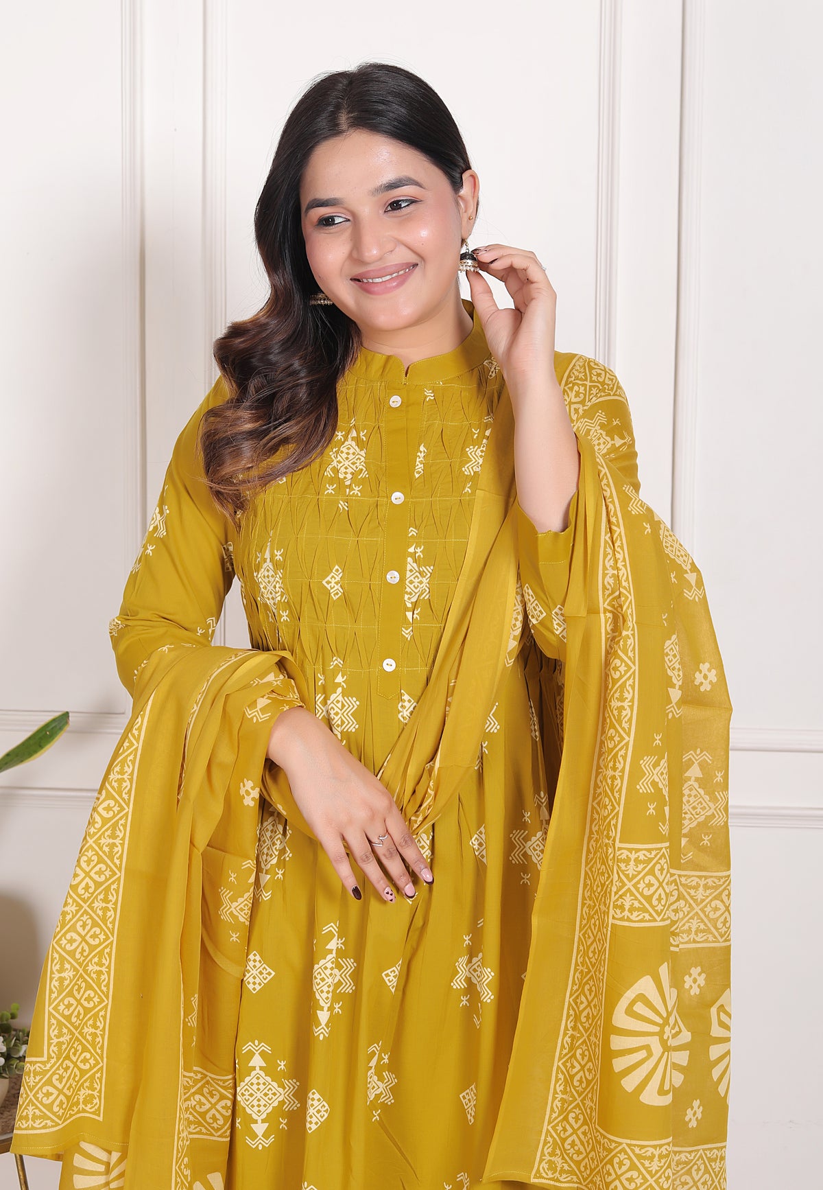 Geometric Print Cotton A-Line Kurta Set with Dupatta