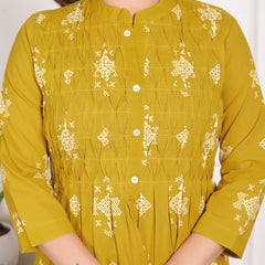 Mustard Yellow Geometric Print Cotton A-Line Kurta Set with Dupatta