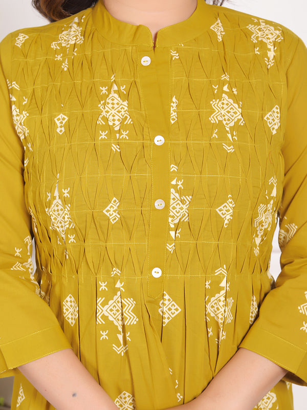 Mustard Yellow Geometric Print Cotton A-Line Kurta Set with Dupatta