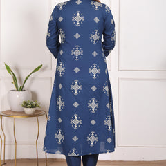 Mustard Yellow Geometric Print Cotton A-Line Kurta Set with Dupatta