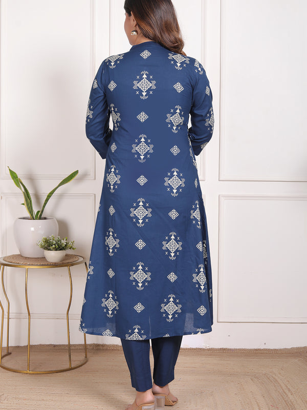 Mustard Yellow Geometric Print Cotton A-Line Kurta Set with Dupatta