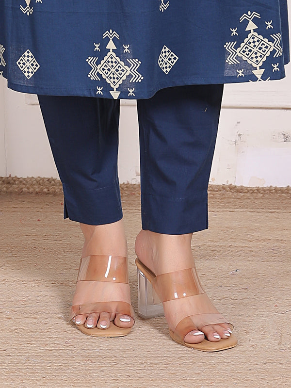 Mustard Yellow Geometric Print Cotton A-Line Kurta Set with Dupatta