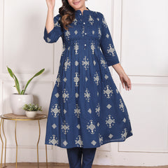 Mustard Yellow Geometric Print Cotton A-Line Kurta Set with Dupatta