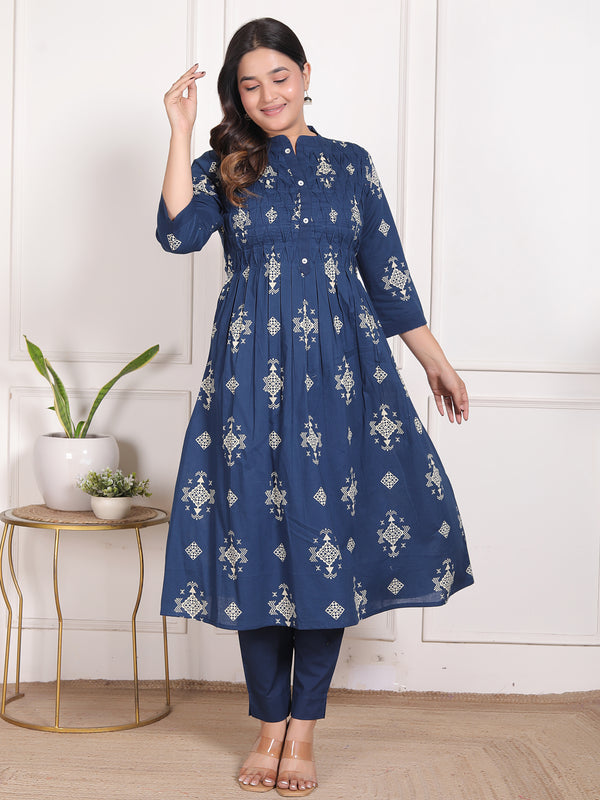 Mustard Yellow Geometric Print Cotton A-Line Kurta Set with Dupatta