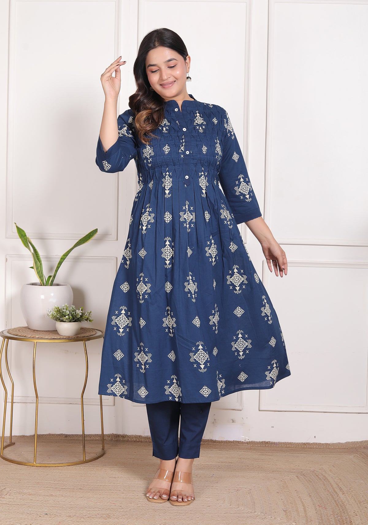 Geometric Print Cotton A-Line Kurta Set with Dupatta