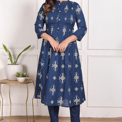Mustard Yellow Geometric Print Cotton A-Line Kurta Set with Dupatta