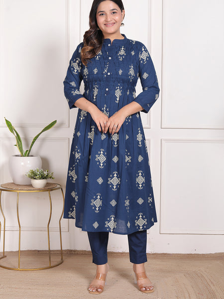 Indigo Blue Geometric Print Cotton A-Line Kurta Set with Dupatta