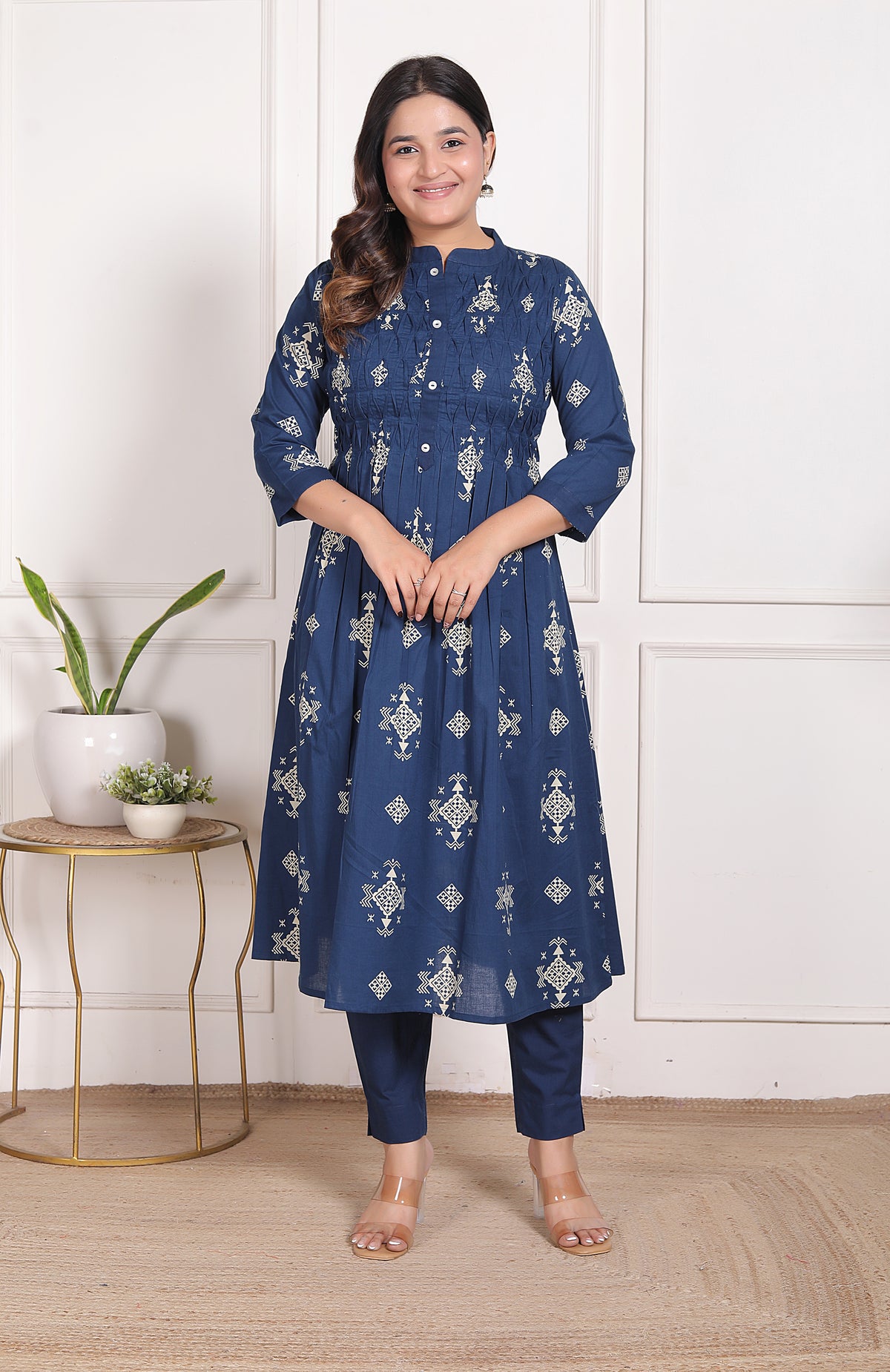 Geometric Print Cotton A-Line Kurta Set with Dupatta