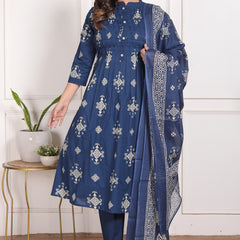 Mustard Yellow Geometric Print Cotton A-Line Kurta Set with Dupatta
