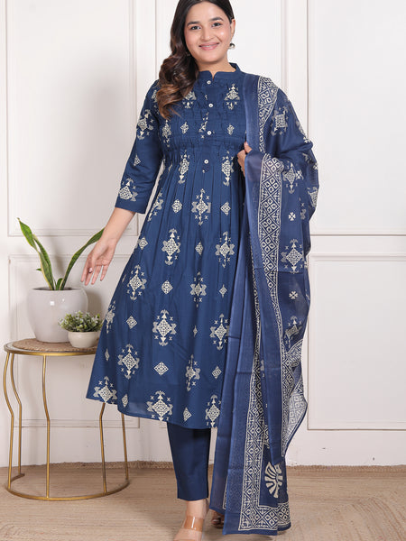 Indigo Blue Geometric Print Cotton A-Line Kurta Set with Dupatta