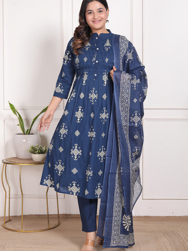 Mustard Yellow Geometric Print Cotton A-Line Kurta Set with Dupatta