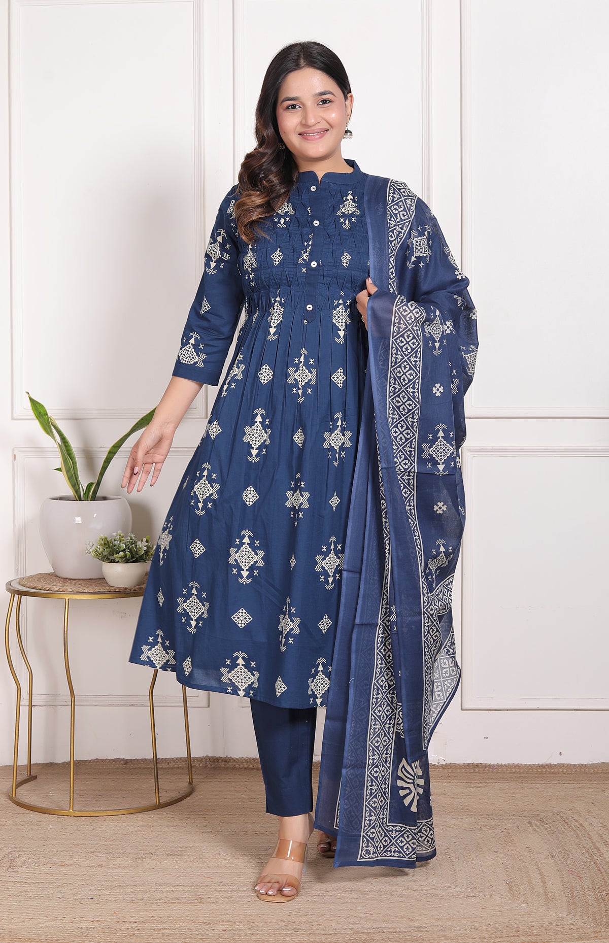 Geometric Print Cotton A-Line Kurta Set with Dupatta