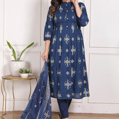 Indigo Blue Geometric Print Cotton A-Line Kurta Set with Dupatta