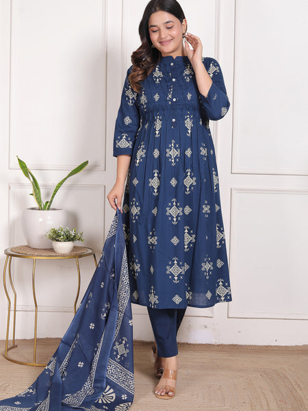 Indigo Blue Geometric Print Cotton A-Line Kurta Set with Dupatta