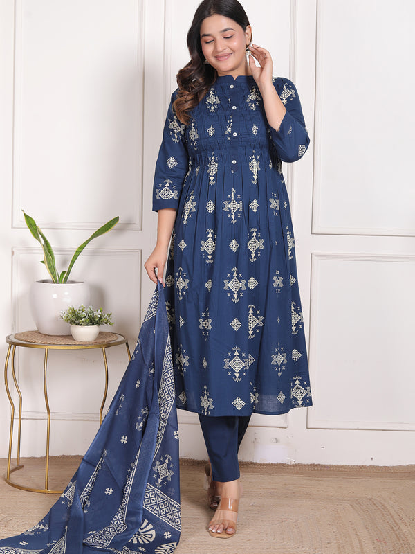 Indigo Blue Geometric Print Cotton A-Line Kurta Set with Dupatta