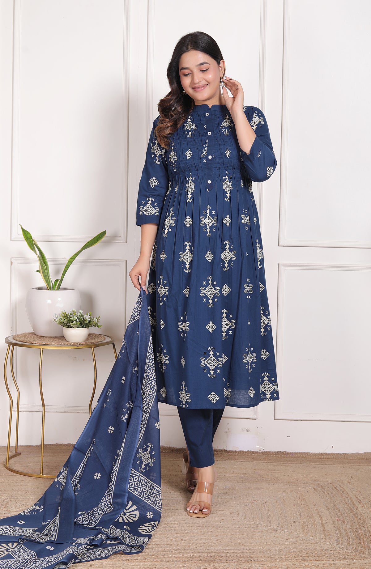 Geometric Print Cotton A-Line Kurta Set with Dupatta