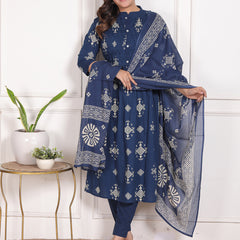Mustard Yellow Geometric Print Cotton A-Line Kurta Set with Dupatta