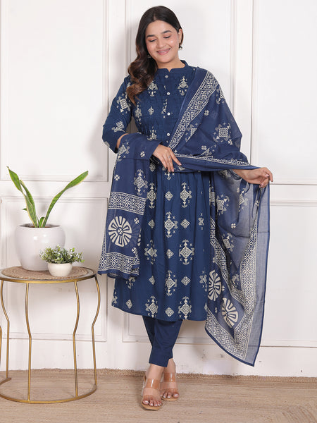 Indigo Blue Geometric Print Cotton A-Line Kurta Set with Dupatta