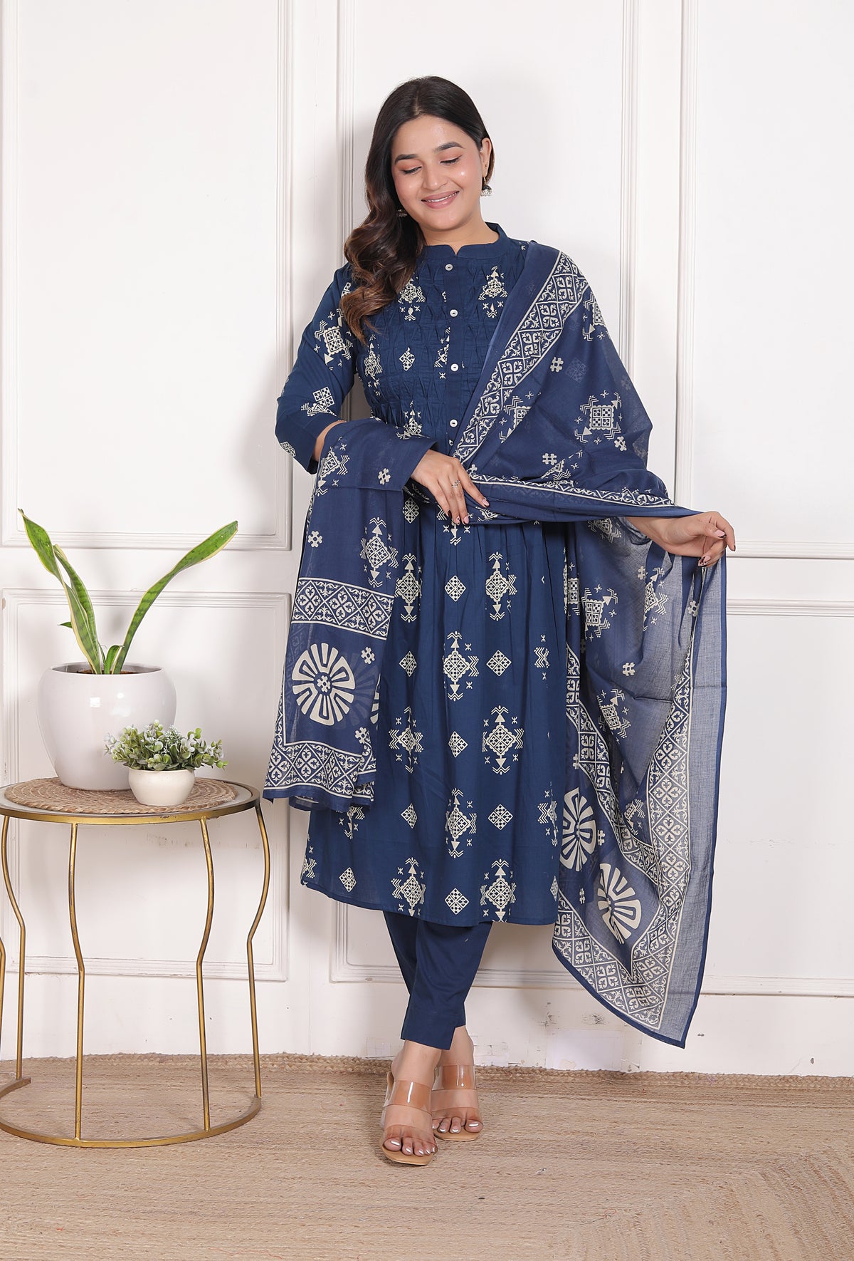 Geometric Print Cotton A-Line Kurta Set with Dupatta