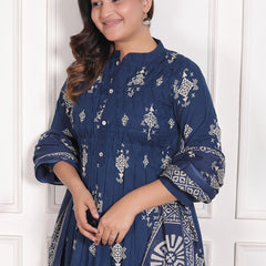 Mustard Yellow Geometric Print Cotton A-Line Kurta Set with Dupatta