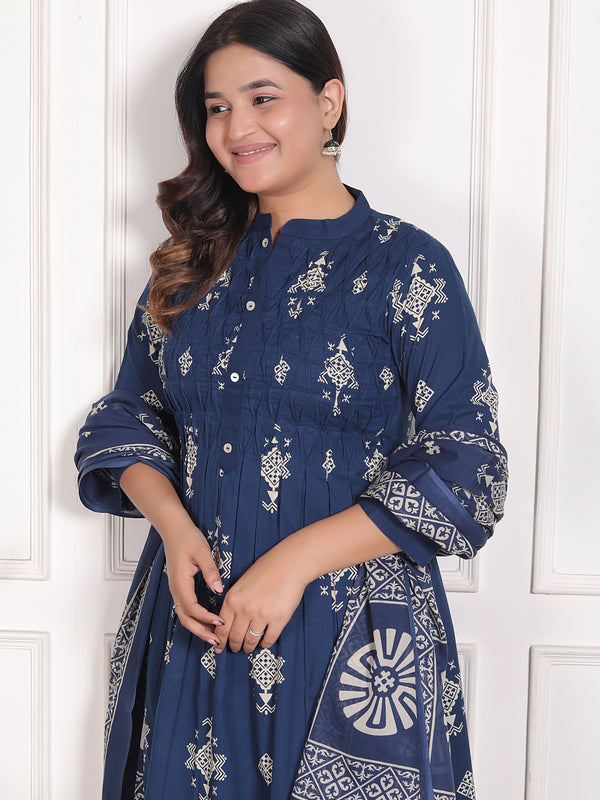Mustard Yellow Geometric Print Cotton A-Line Kurta Set with Dupatta