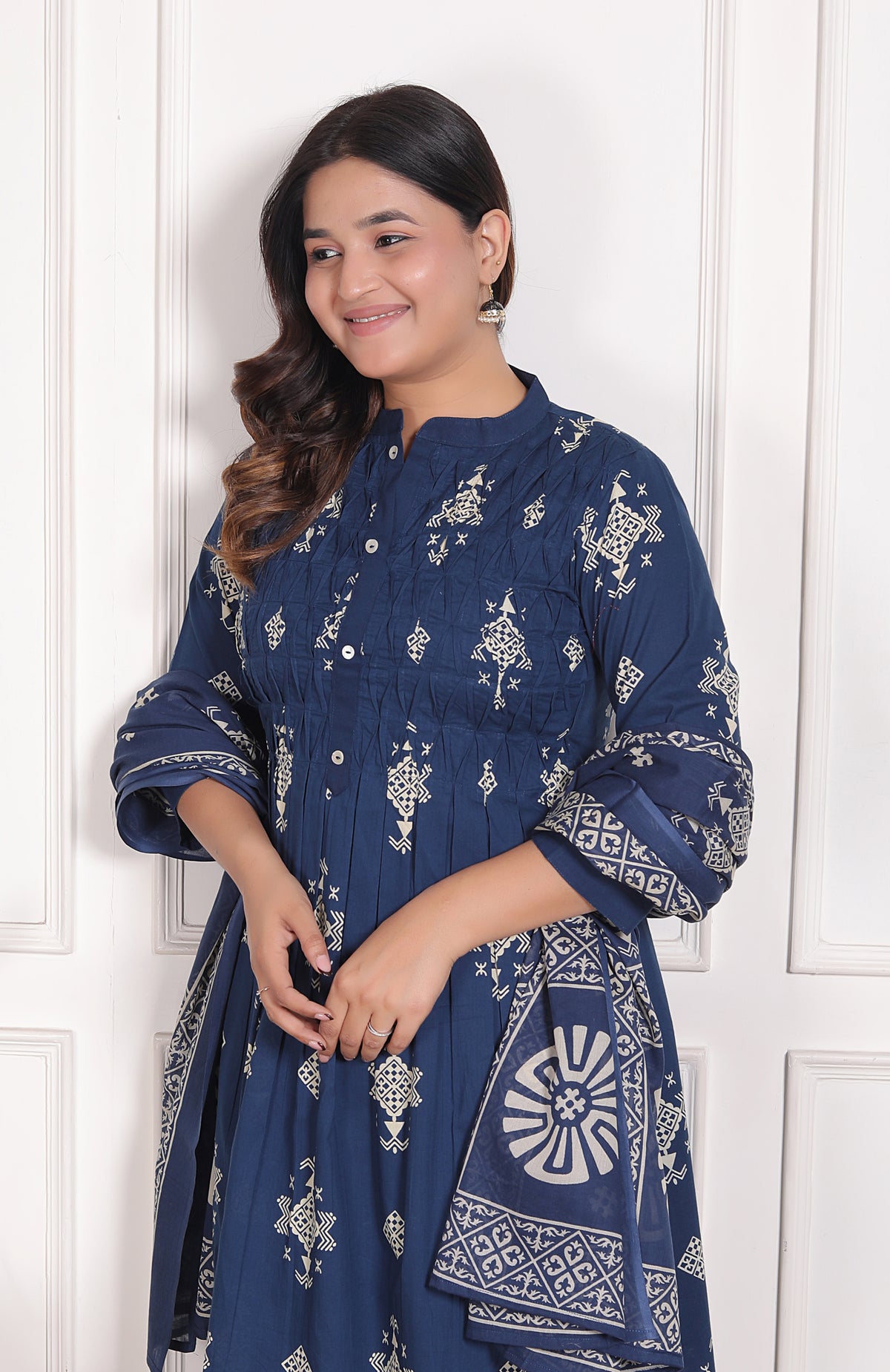 Geometric Print Cotton A-Line Kurta Set with Dupatta