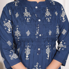 Mustard Yellow Geometric Print Cotton A-Line Kurta Set with Dupatta
