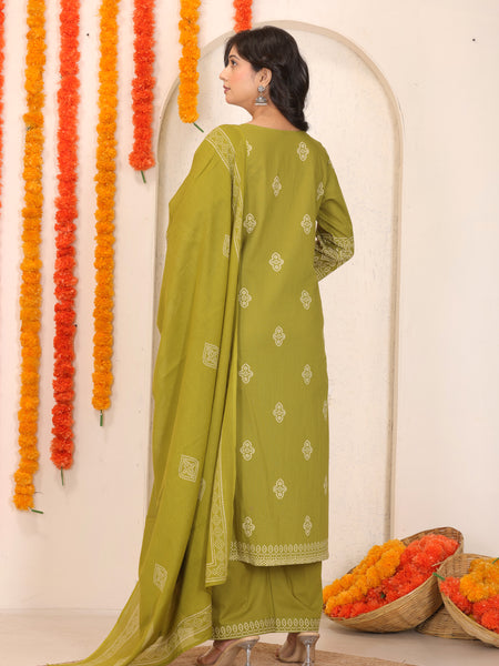 Mehendi Green Bandhani Printed Cotton Straight Kurta Set with Thread Tagai Handwork Yoke and Dupatta