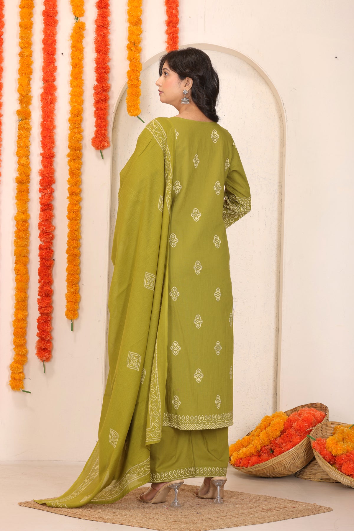 Bandhani Printed Cotton Straight Kurta Set with Thread Tagai Handwork Yoke and Dupatta
