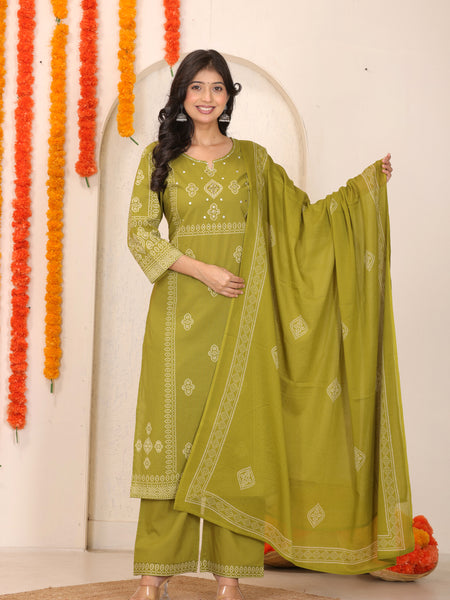 Mehendi Green Bandhani Printed Cotton Straight Kurta Set with Thread Tagai Handwork Yoke and Dupatta