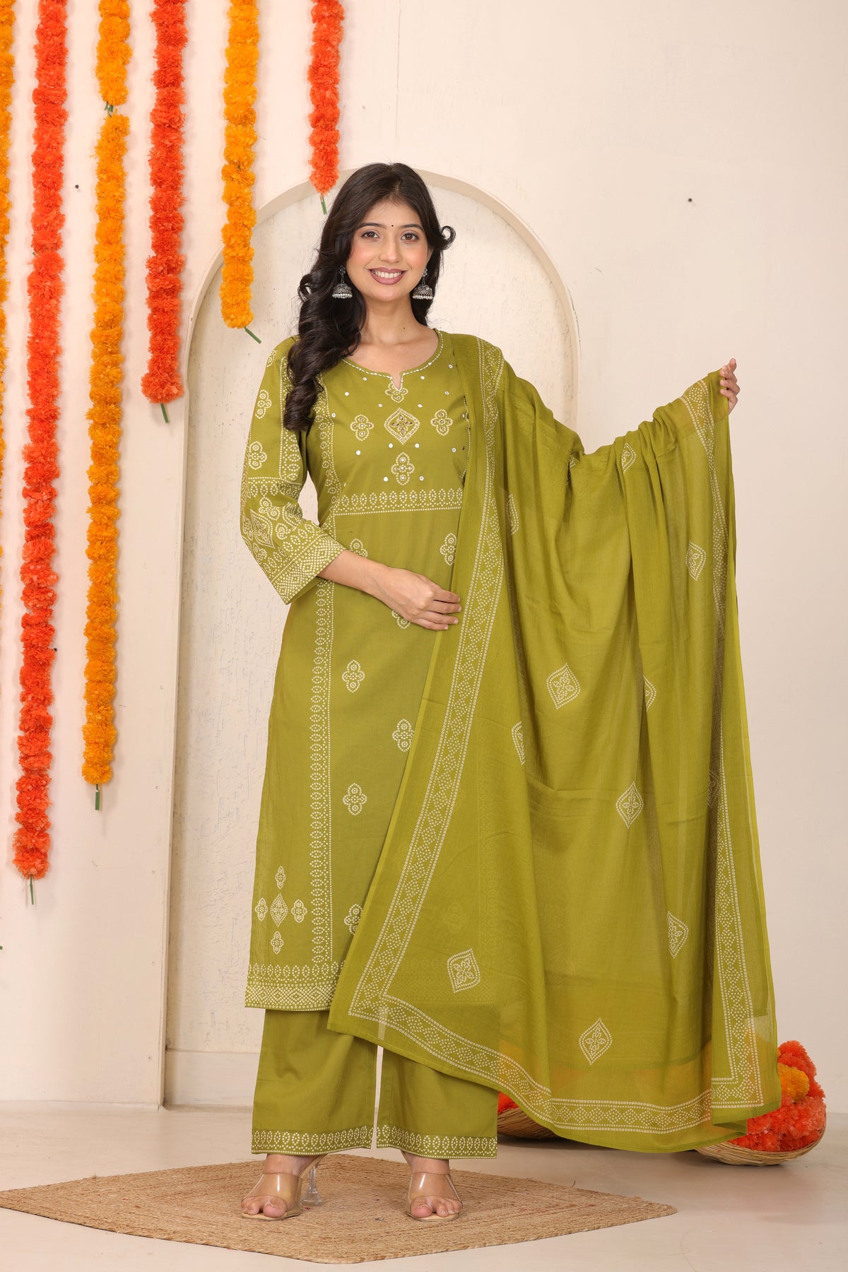 Bandhani Printed Cotton Straight Kurta Set with Thread Tagai Handwork Yoke and Dupatta