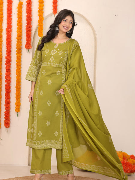 Mehendi Green Bandhani Printed Cotton Straight Kurta Set with Thread Tagai Handwork Yoke and Dupatta