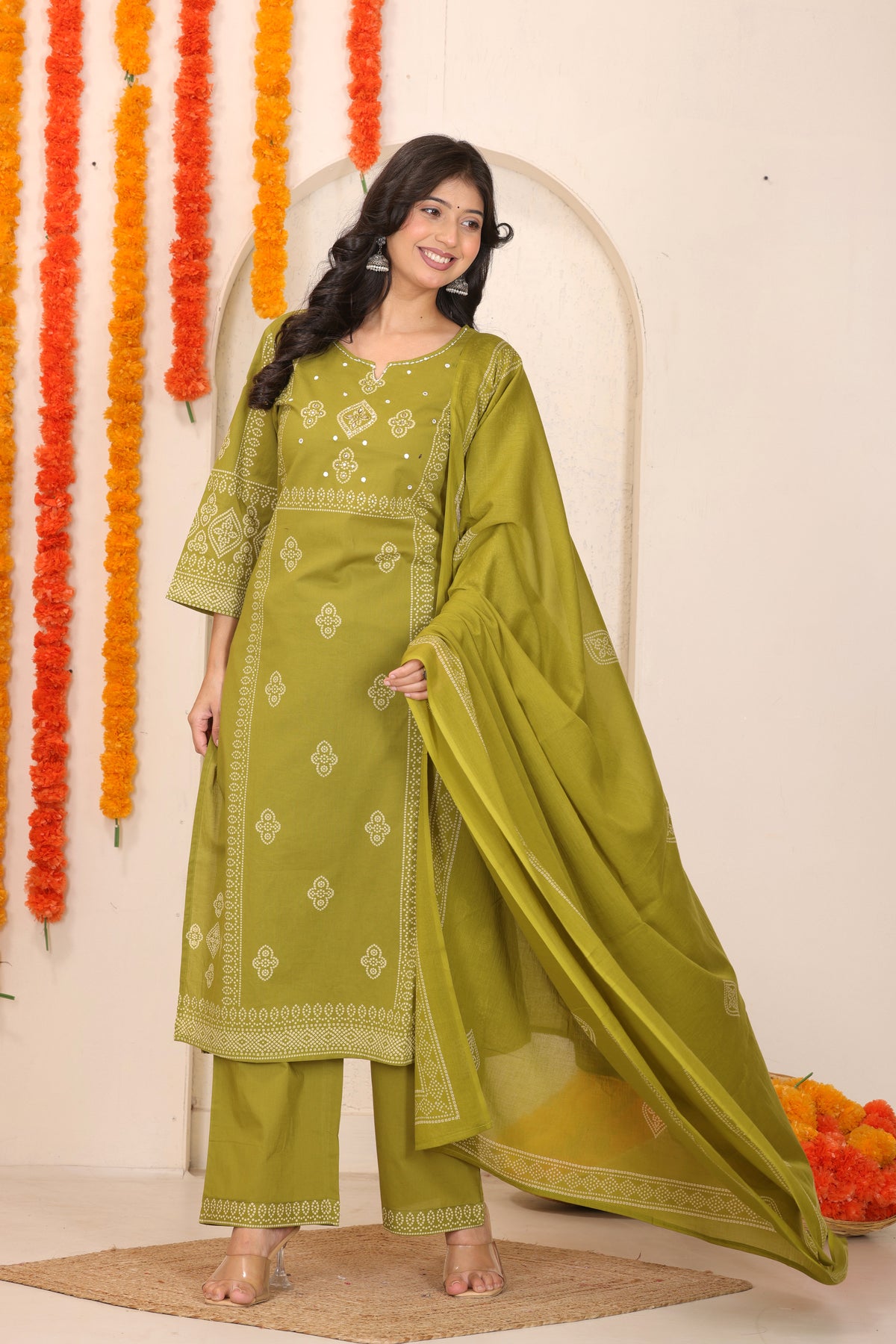 Bandhani Printed Cotton Straight Kurta Set with Thread Tagai Handwork Yoke and Dupatta